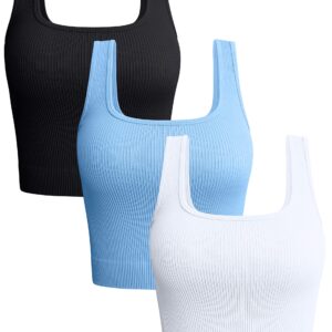 OQQ Women's 3 Piece Tank Tops Ribbed Seamless Workout Exercise Shirts Yoga Crop Tops Black Candyblue White