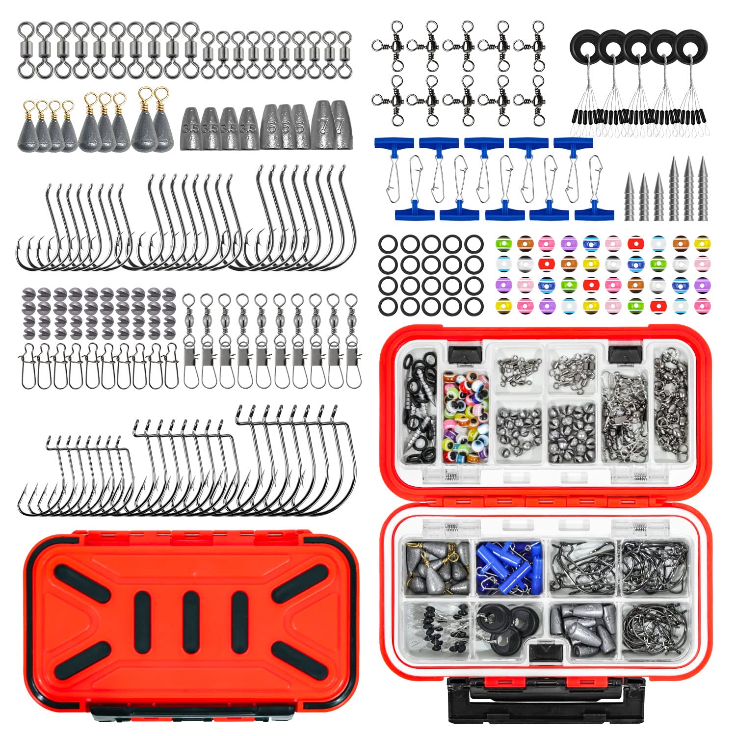 GOANDO 238pcs Fishing Accessories Kit Fishing Tackle Box Including Fishing Hooks Fishing Weights Beads Split Shot Fishing Gear for Bass Trout Salmon Fishing Gifts for Men