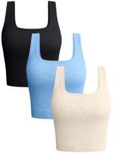 oqq women's 3 piece tank tops ribbed seamless workout exercise shirts yoga crop tops black candyblue beige