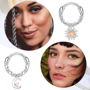 CASSIECA 16G Septum Rings Stainless Steel Dangle Septum Jewelry with Blue Plant Teardrop Clear CZ Butterfly Heart Moon Sun Daith Cartilage Helix Tragus Earrings Nose Rings Piercing Jewelry for Women