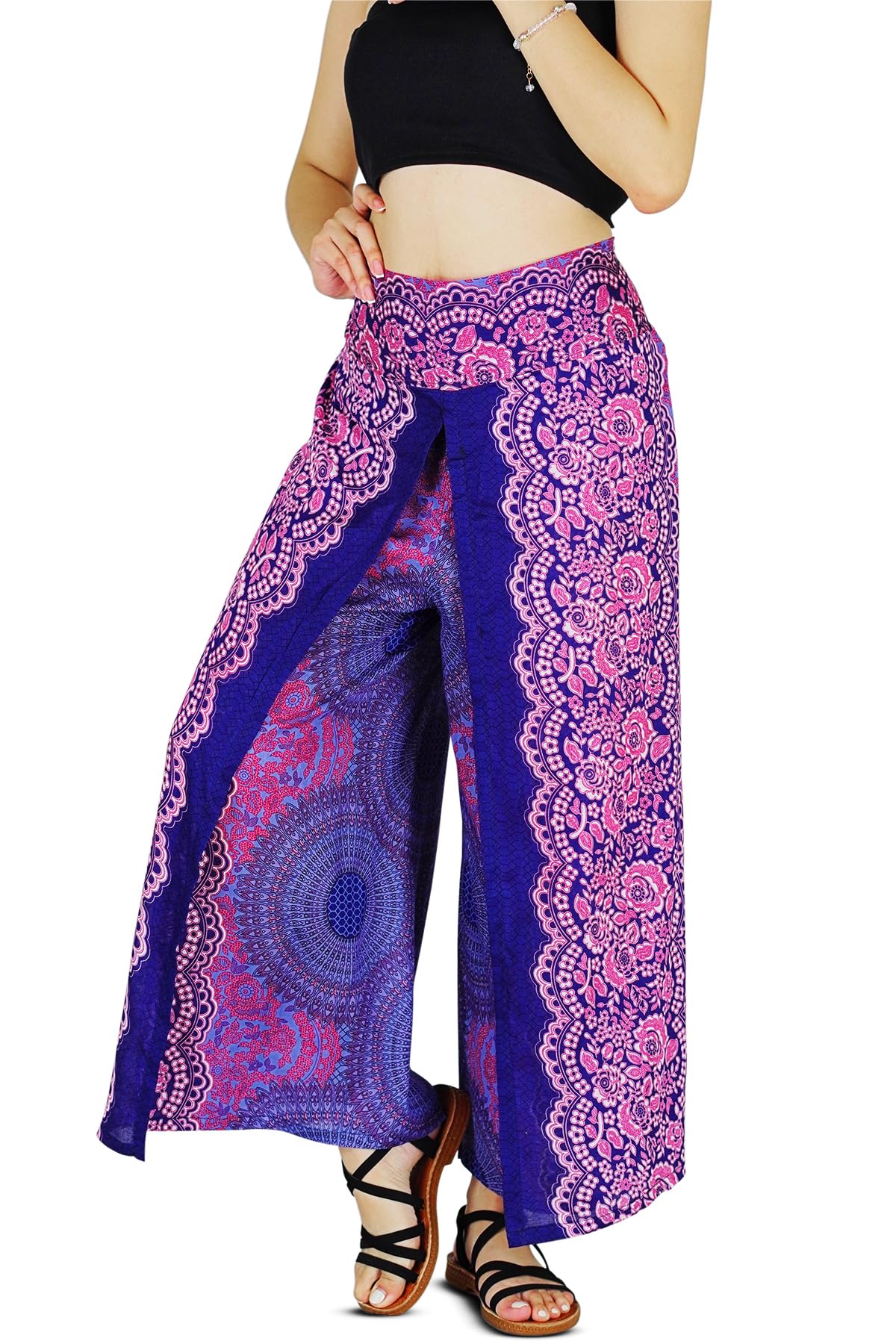 Your Cozy Harem Pants Yoga for Women Palazzo Beach Wear Wide Leg Boho Hippie Bohemian Aladdin Genie (Pink Blue Sunflower_S)