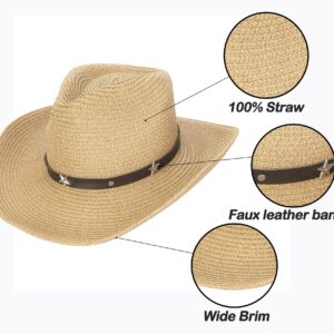 Straw Cowboy Cowgirl Hat for Men Women Wide Brim Sun Hat Western Style with String Khaki