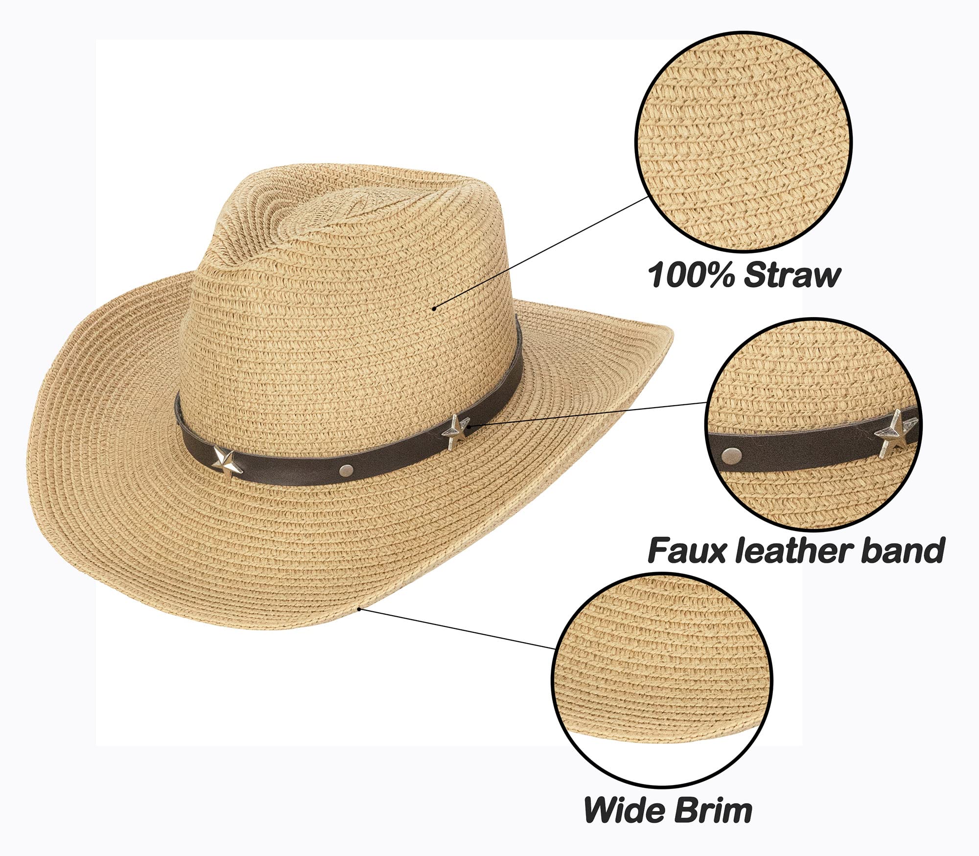 Straw Cowboy Cowgirl Hat for Men Women Wide Brim Sun Hat Western Style with String Khaki