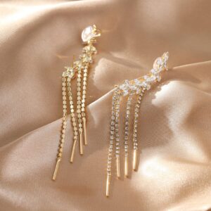 Yumikoo Tassel Ear Cuff Earrings for Women - Rhinestone Copper Ear Clip