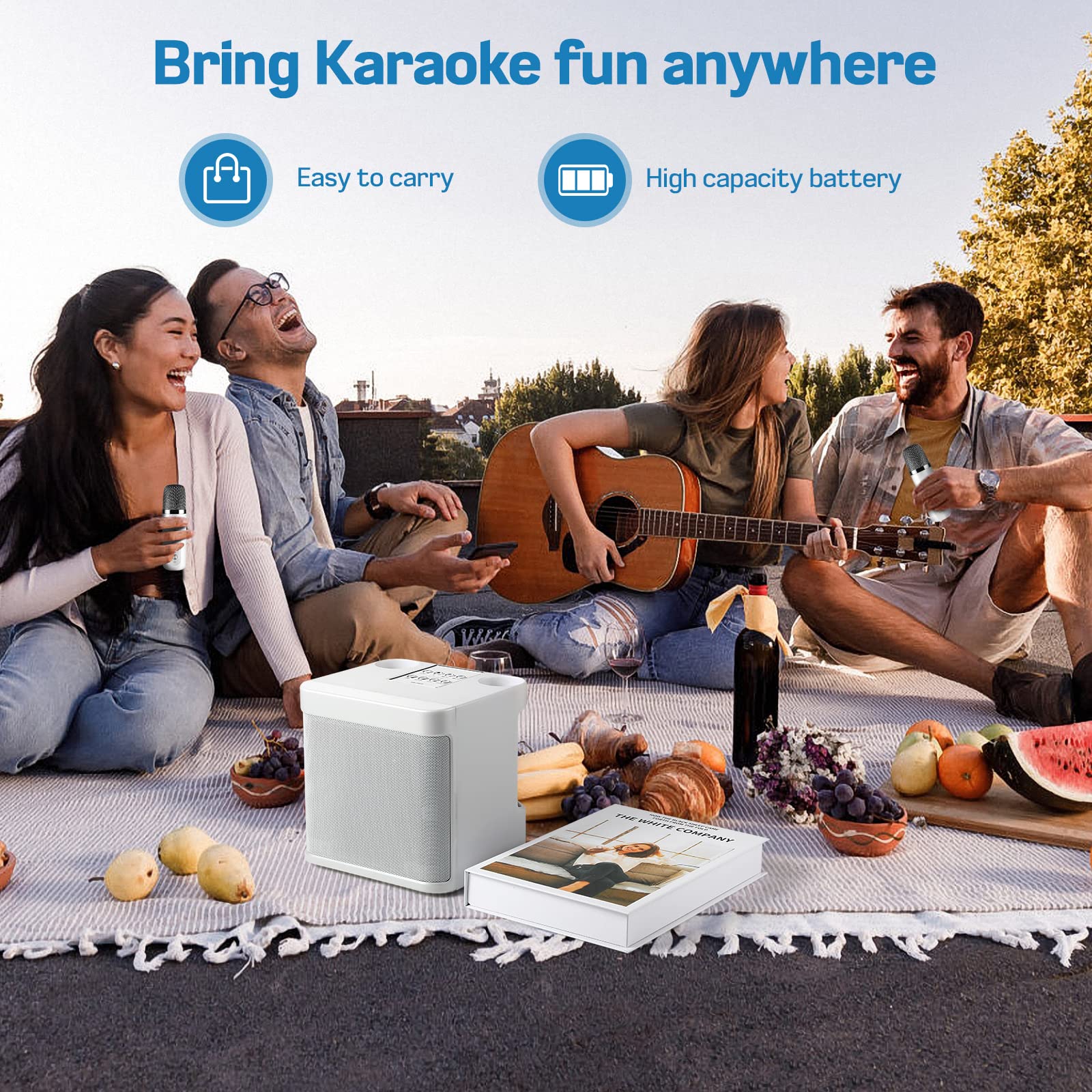 Wireless Karaoke Machine with 2 Microphones - Multifunctional Portable Mini Karaoke Machine, Karaoke Speaker Supports Bluetooth/USB/Aux/TF for Kids, Adults, Family, Party, Gift (White)