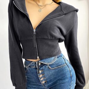 COZYPOIN Women's Cropped Hoodie Double Zipper Long Sleeve Workout Sweatshirt Crop Tops(Grey-L)