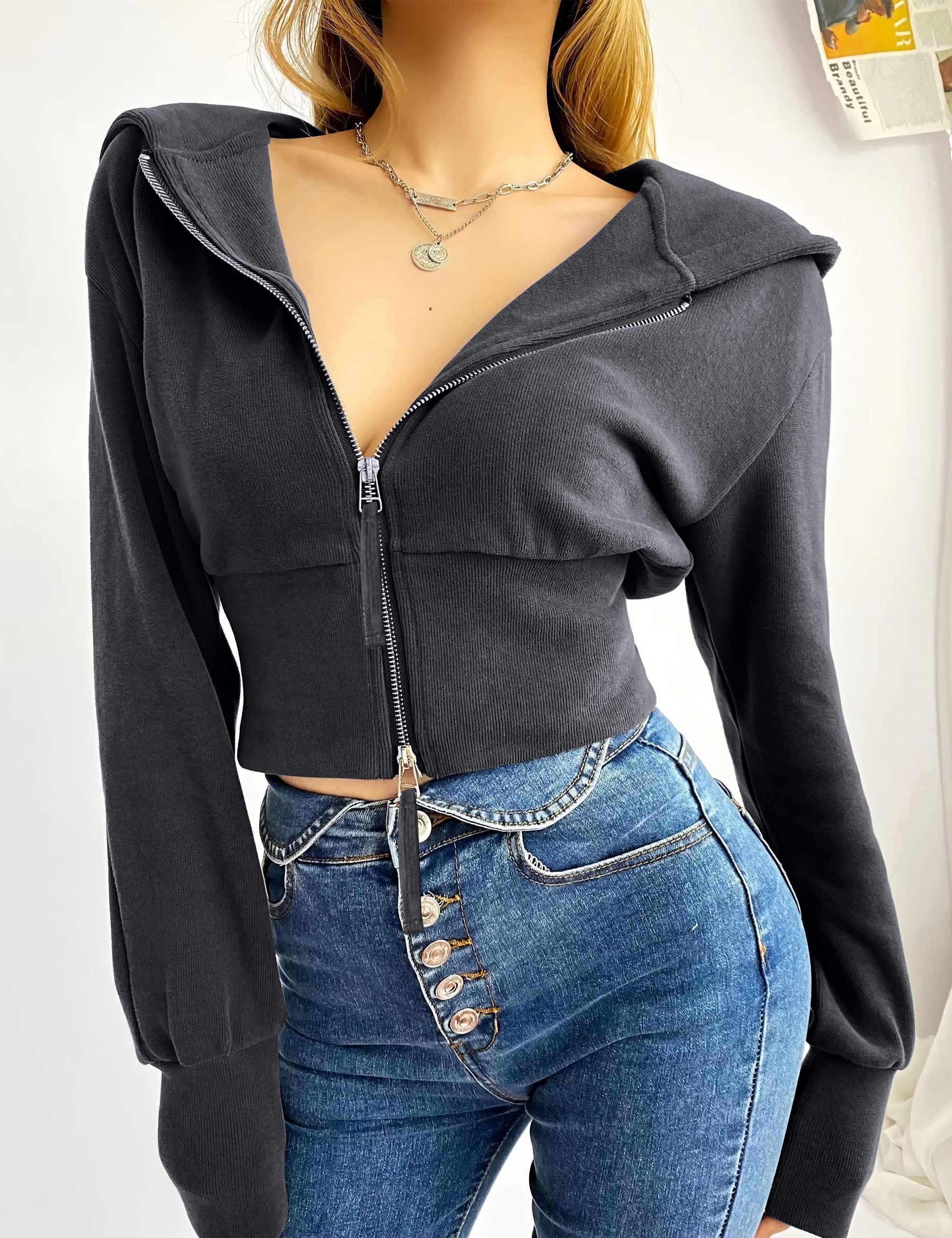 COZYPOIN Women's Cropped Hoodie Double Zipper Long Sleeve Workout Sweatshirt Crop Tops(Grey-L)