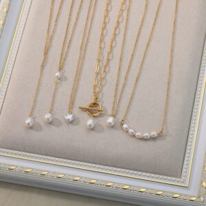 VAttract Freshwater Pearl Necklace for Women, 18K Gold Plated Pearl Chain Choker Necklace, Paperclip & Pearl Chain Necklace Simple Pearl Jewelry Gift