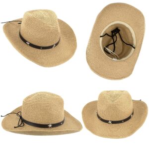 Straw Cowboy Cowgirl Hat for Men Women Wide Brim Sun Hat Western Style with String Khaki