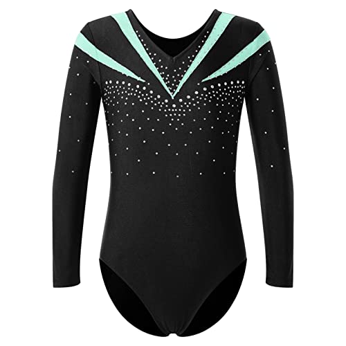 CHICTRY Big Girls V Neck Ballet Gymnastics Leotards Sparkle Diamond Athletic Dance Bodysuits Skating Jumpsuit Unitard Light Green 12 Years