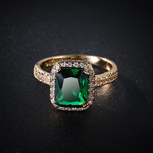 Ganquya Green Simulated Emerald Yellow Gold Plated Rings for Women,Fashion Cubic Zirconia CZ Engagement Promise Ring Size 6-10 (US Size 7)