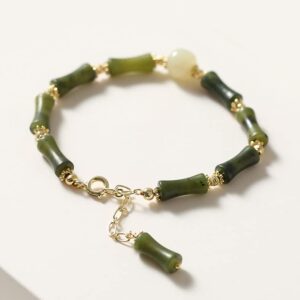 SLOEFY 14K Gold Jade Bracelet for Women, Bamboo Jade Bracelet, Valentine's Day Gift for Wife, Girlfriend (dark green, 14K)