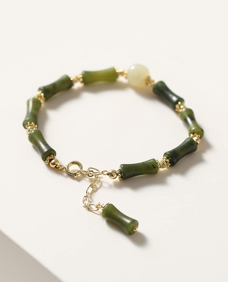 SLOEFY 14K Gold Jade Bracelet for Women, Bamboo Jade Bracelet, Valentine's Day Gift for Wife, Girlfriend (dark green, 14K)