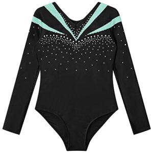 CHICTRY Big Girls V Neck Ballet Gymnastics Leotards Sparkle Diamond Athletic Dance Bodysuits Skating Jumpsuit Unitard Light Green 12 Years