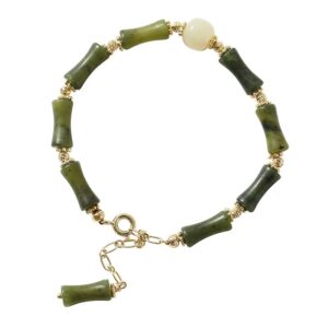 SLOEFY 14K Gold Jade Bracelet for Women, Bamboo Jade Bracelet, Valentine's Day Gift for Wife, Girlfriend (dark green, 14K)