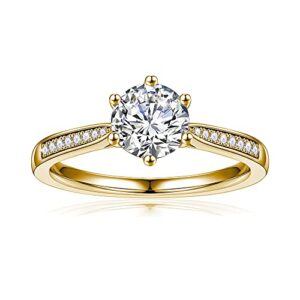 FACETS JEWELS 2.20 TCW Full White Moissanite Diamond Engagement And Wedding Ring For Women, Six Prong Solitaire With Assent Ring In - 14K Solid Yellow Gold Size 7