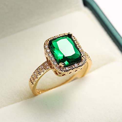 Ganquya Green Simulated Emerald Yellow Gold Plated Rings for Women,Fashion Cubic Zirconia CZ Engagement Promise Ring Size 6-10 (US Size 7)