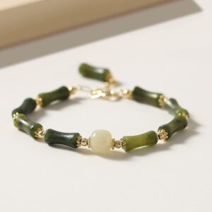 SLOEFY 14K Gold Jade Bracelet for Women, Bamboo Jade Bracelet, Valentine's Day Gift for Wife, Girlfriend (dark green, 14K)