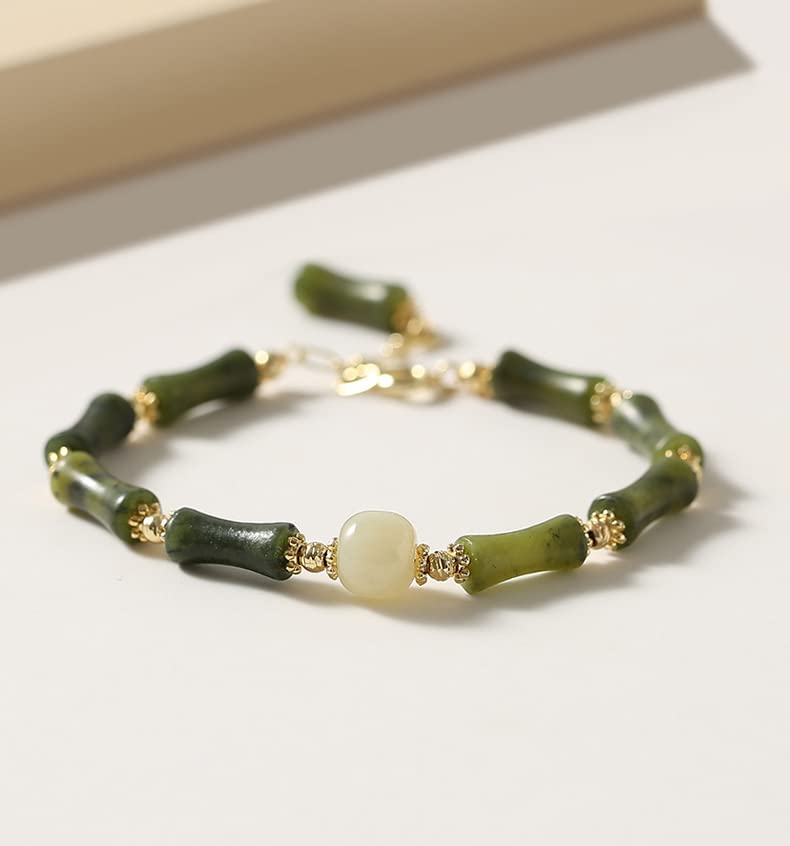 SLOEFY 14K Gold Jade Bracelet for Women, Bamboo Jade Bracelet, Valentine's Day Gift for Wife, Girlfriend (dark green, 14K)