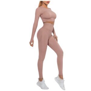 Workout Outfits for Women Long Sleeve Crop Top with High Waist Butt Lifting Legging Ribbed Gym Sets Matching Sets