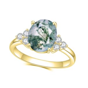 Gem's Beauty Green Moss Agate Jewelry Natural Moss Agate Engagement Gold Rings in 925 Sterling Silver for Women Wedding Moss Agate Ring Anniversary Jewelry Gift for Her (Size7)