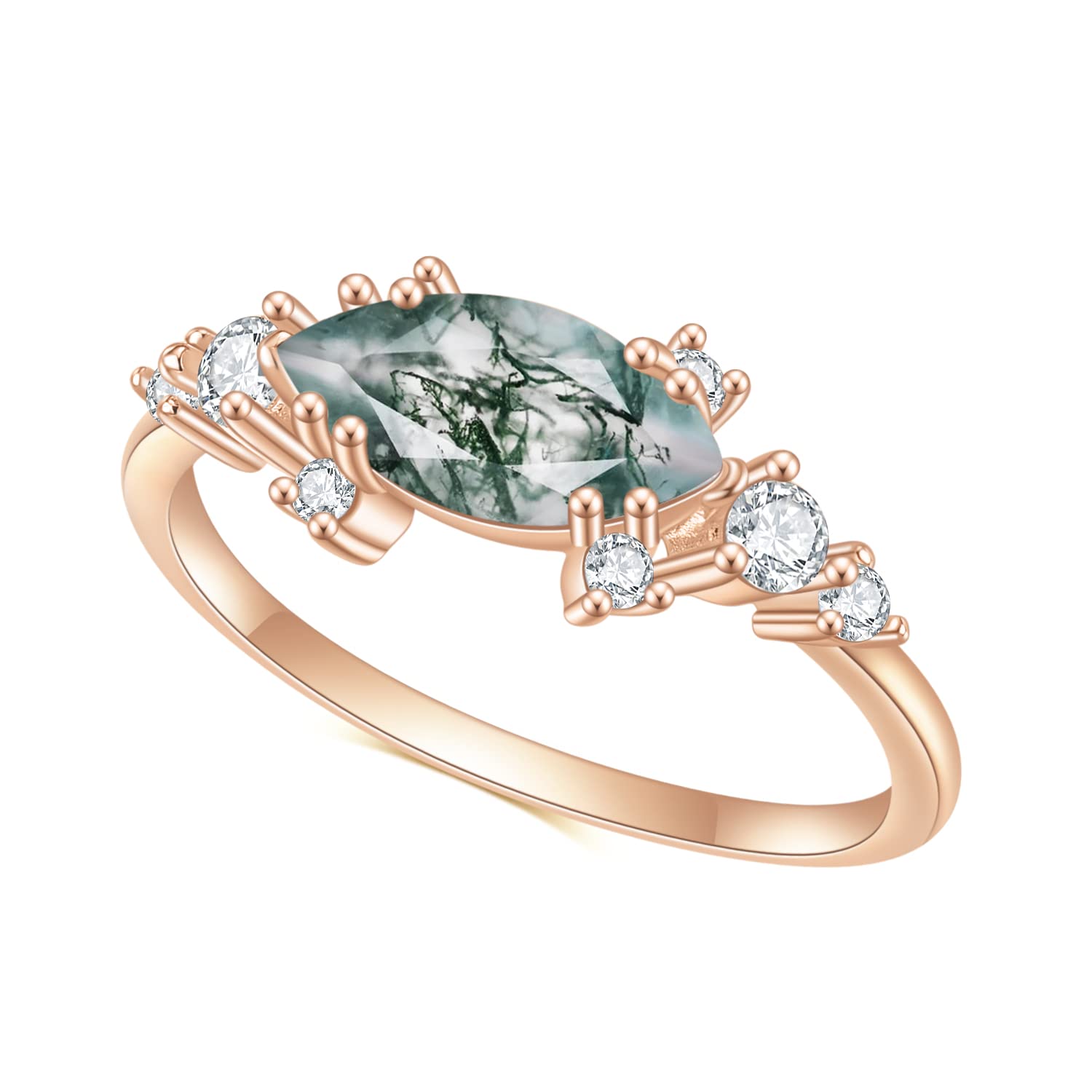 Gem's Beauty Green Moss Agate Jewelry Natural Moss Agate Engagement Rose Gold 925 Sterling Silver Rings for Women Wedding Moss Agate Ring Birthday Gifts for Her (Size5)