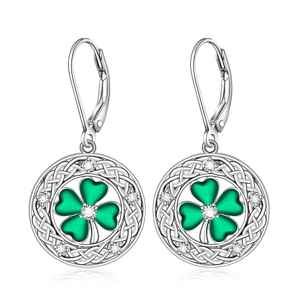 St Patricks Day Earrings Shamrock Earrings for Women Four Leaf Clover Dangle Sterling Silver Celtic Knot Green Irish Shamrock Lucky Jewelry Valentines Day Gifts