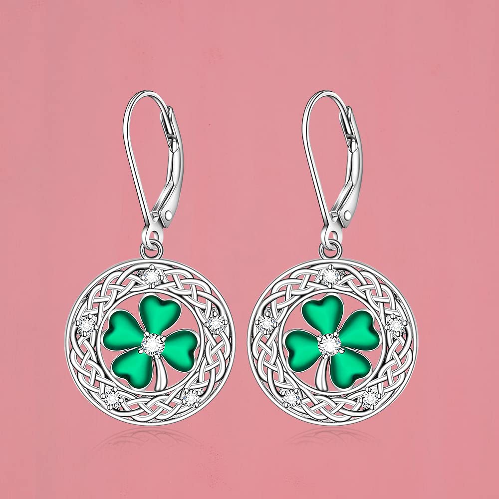 St Patricks Day Earrings Shamrock Earrings for Women Four Leaf Clover Dangle Sterling Silver Celtic Knot Green Irish Shamrock Lucky Jewelry Valentines Day Gifts