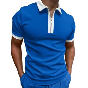 Rela Bota Mens Short Sleeve Polo Shirts Fashion Zipper Polos Casual Slim Fit T-Shirt Blue with White M