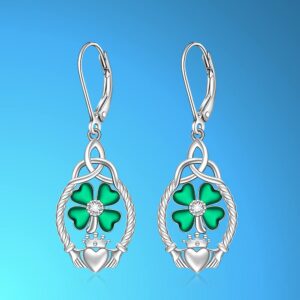 St Patricks Day Earrings Shamrock Earrings for Women Four Leaf Clover Sterling Silver Irish Celtic Claddagh Green Shamrock Dangle Lucky Jewelry Gifts