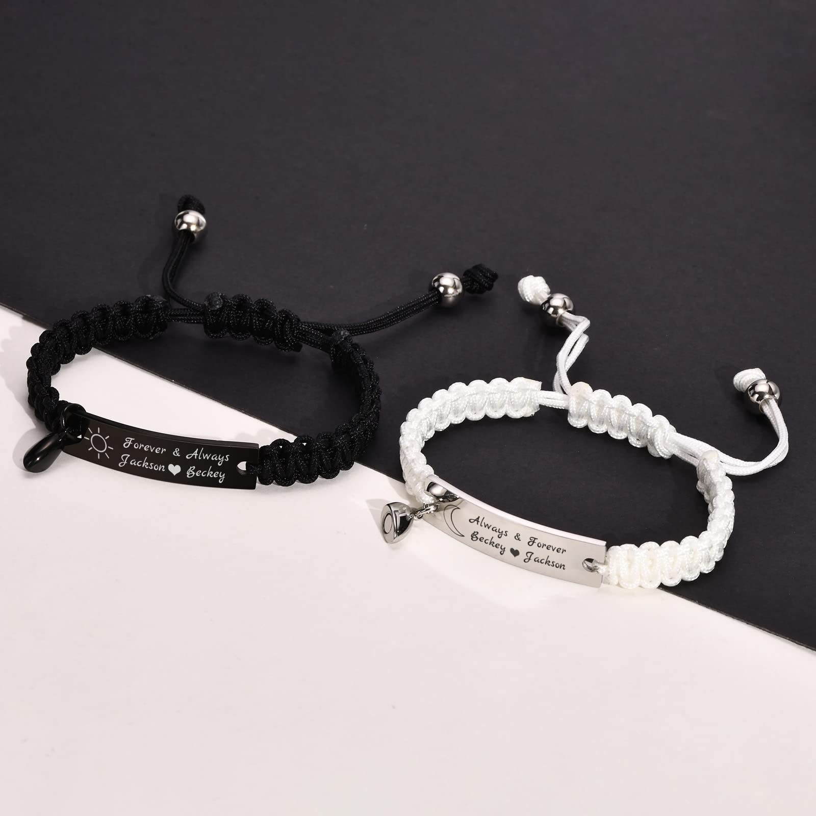 MEALGUET Personalized His and Hers Bracelets : Sun and Moon Forever and Always Couple Bracelets, Handmade Braided Engraved ID Lovers Bracelets for Men Women, Boyfriend and Girlfriend,Customized Gift