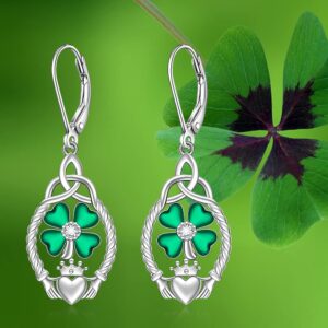 St Patricks Day Earrings Shamrock Earrings for Women Four Leaf Clover Sterling Silver Irish Celtic Claddagh Green Shamrock Dangle Lucky Jewelry Gifts