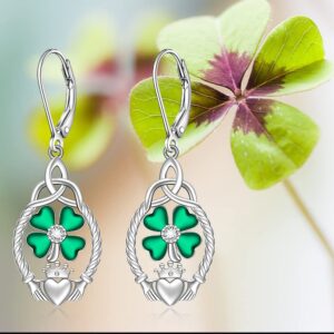 St Patricks Day Earrings Shamrock Earrings for Women Four Leaf Clover Sterling Silver Irish Celtic Claddagh Green Shamrock Dangle Lucky Jewelry Gifts