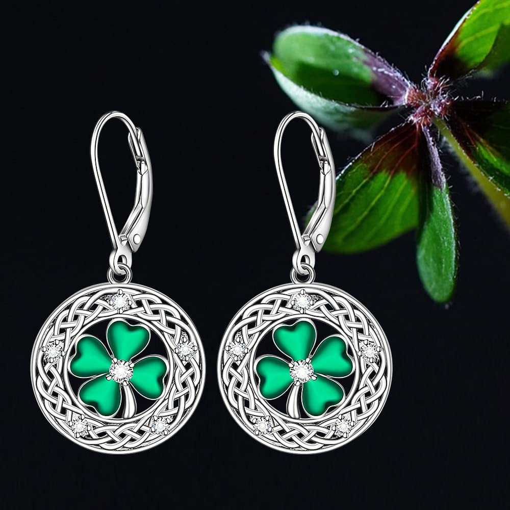 St Patricks Day Earrings Shamrock Earrings for Women Four Leaf Clover Dangle Sterling Silver Celtic Knot Green Irish Shamrock Lucky Jewelry Valentines Day Gifts