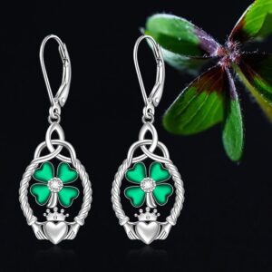 St Patricks Day Earrings Shamrock Earrings for Women Four Leaf Clover Sterling Silver Irish Celtic Claddagh Green Shamrock Dangle Lucky Jewelry Gifts