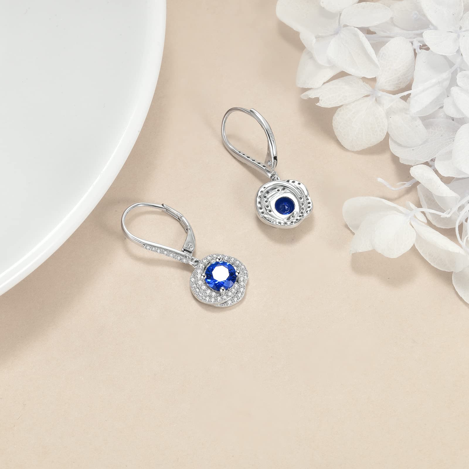 VONALA Sapphire Earrings 925 Sterling Silver Blue Cubic Zirconia Leverback Earrings CZ Dangle Drop Dangling Earrings Sapphire Jewelry Gift for Women