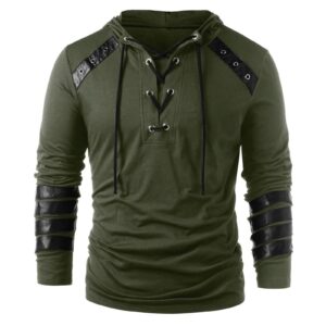 mens gothic steampunk shirts sweatshirt long sleeve lace up hoodies leather patchwork vintage novelty hooded pullover tee top green