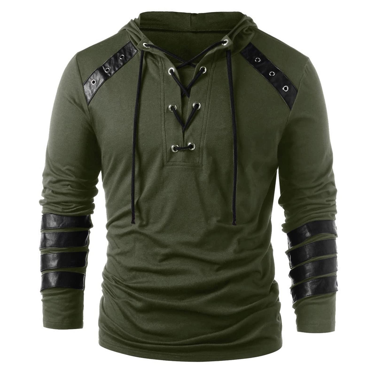 Mens Gothic Steampunk Shirts Sweatshirt Long Sleeve Lace up Hoodies Leather Patchwork Vintage Novelty Hooded Pullover Tee Top Green