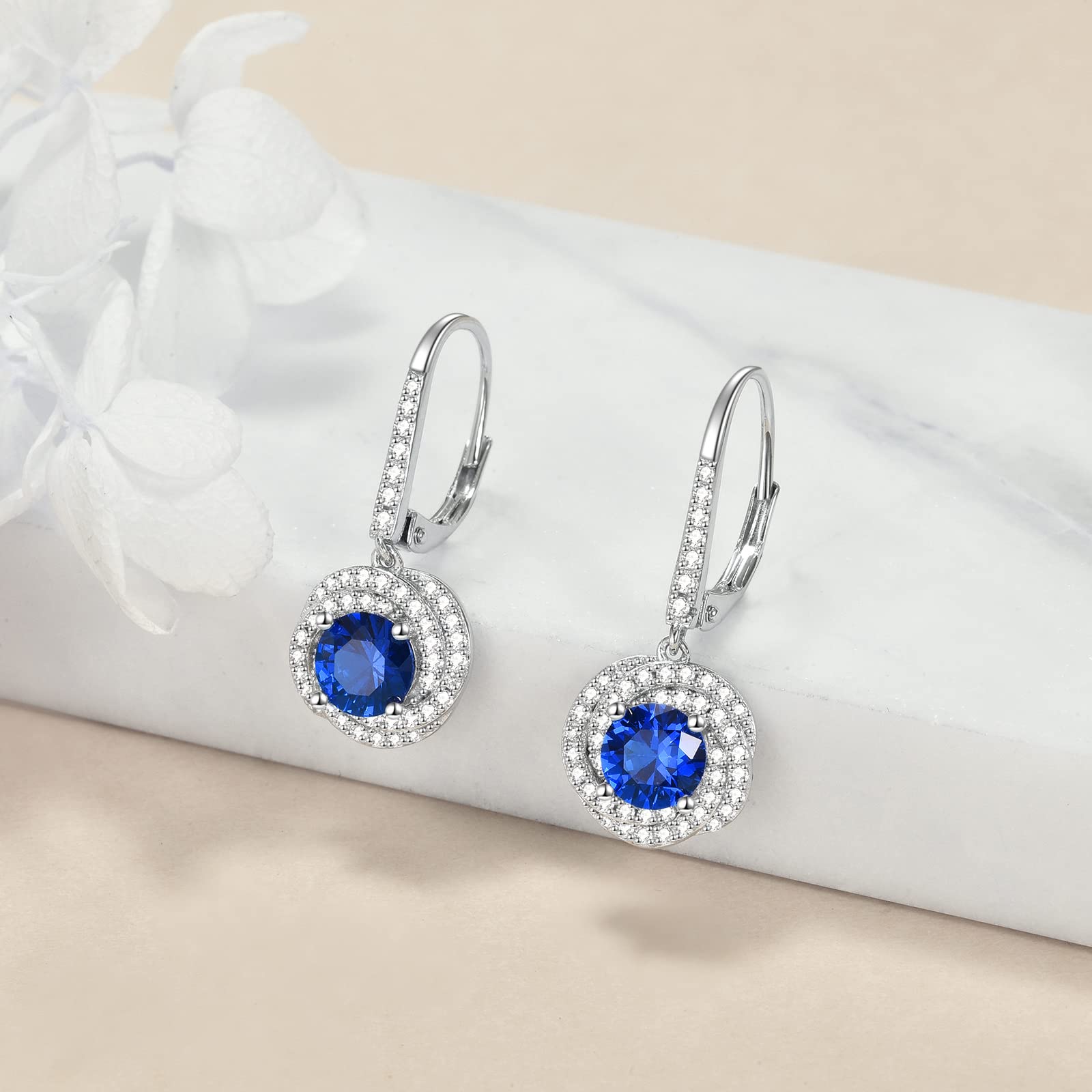 VONALA Sapphire Earrings 925 Sterling Silver Blue Cubic Zirconia Leverback Earrings CZ Dangle Drop Dangling Earrings Sapphire Jewelry Gift for Women