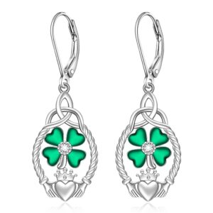 St Patricks Day Earrings Shamrock Earrings for Women Four Leaf Clover Sterling Silver Irish Celtic Claddagh Green Shamrock Dangle Lucky Jewelry Gifts