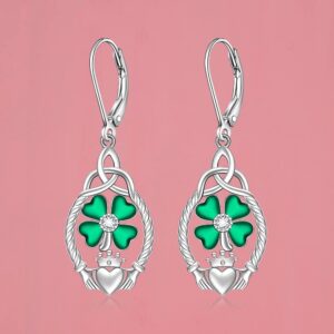 St Patricks Day Earrings Shamrock Earrings for Women Four Leaf Clover Sterling Silver Irish Celtic Claddagh Green Shamrock Dangle Lucky Jewelry Gifts