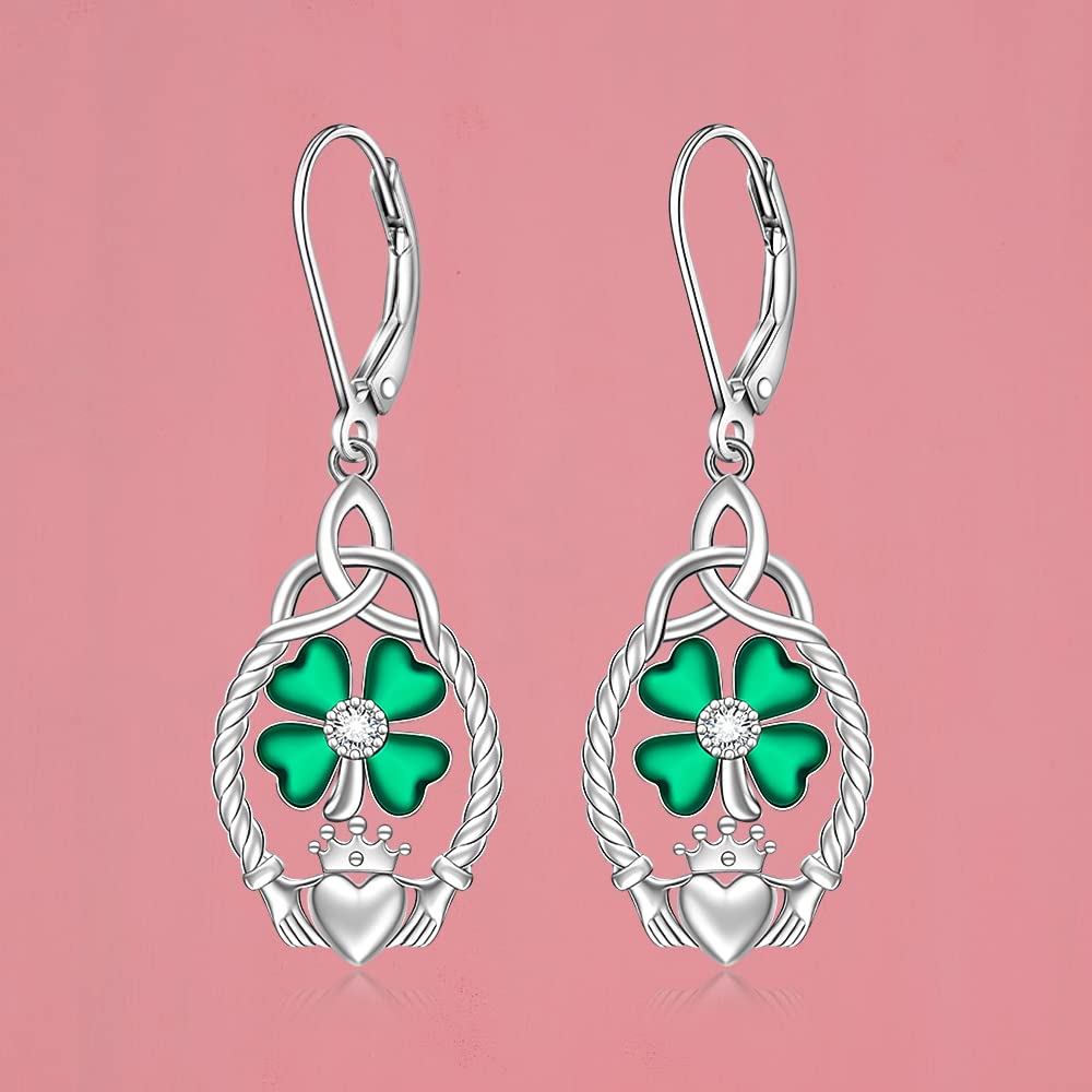 St Patricks Day Earrings Shamrock Earrings for Women Four Leaf Clover Sterling Silver Irish Celtic Claddagh Green Shamrock Dangle Lucky Jewelry Gifts