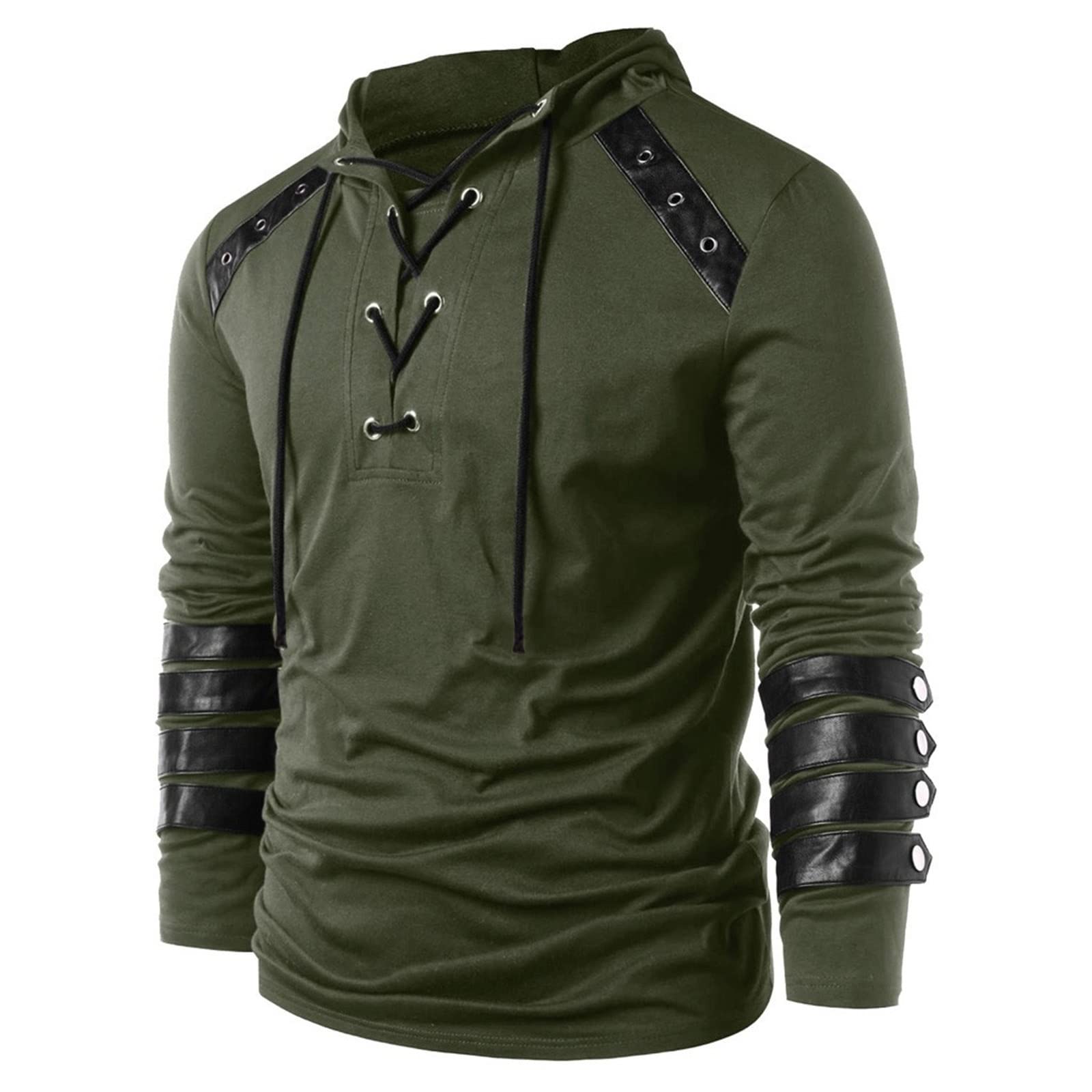 Mens Gothic Steampunk Shirts Sweatshirt Long Sleeve Lace up Hoodies Leather Patchwork Vintage Novelty Hooded Pullover Tee Top Green