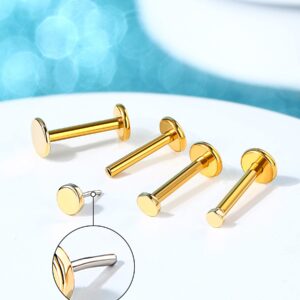 Melighting 14K Gold Threadless Earrings 16G Gold Flat Back Earrings Tiny Flat Disc Threadless Push in Labret Stud Gold Tragus Piercing Jewelry for Women Conch Helix Stud