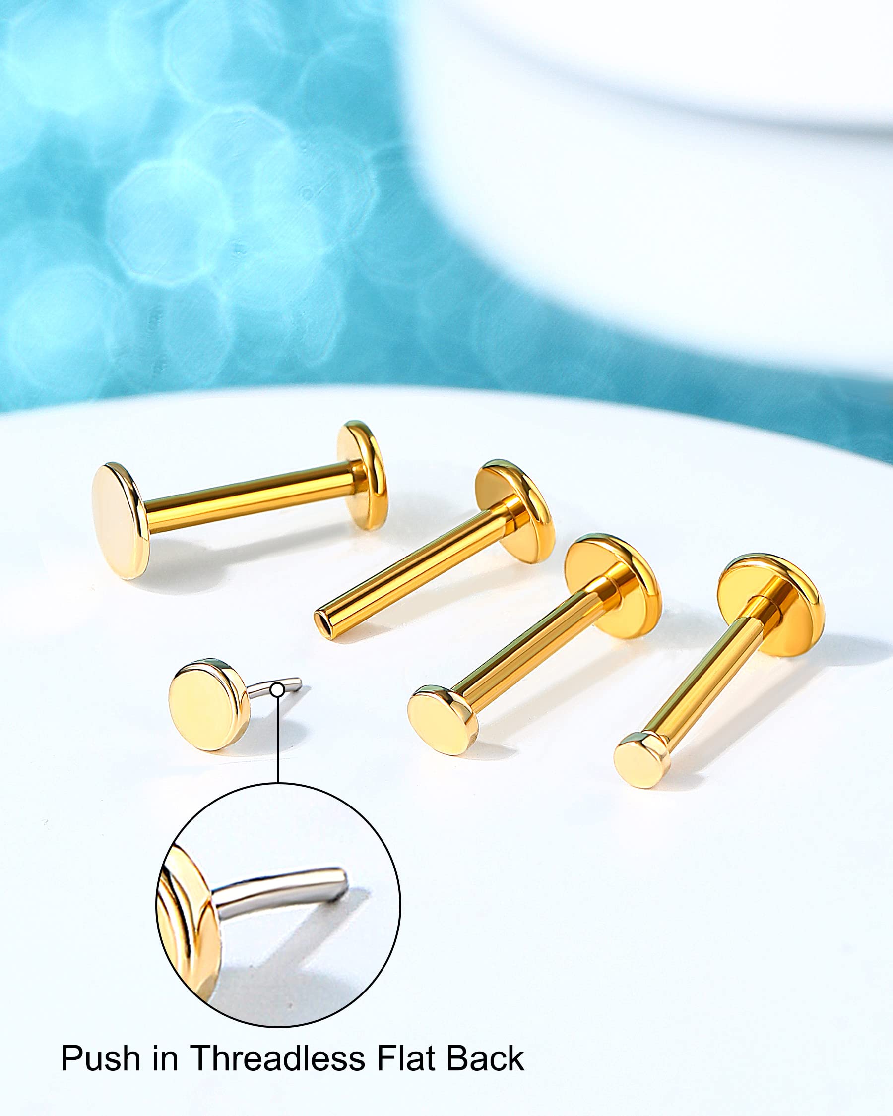 Melighting 14K Gold Threadless Earrings 16G Gold Flat Back Earrings Tiny Flat Disc Threadless Push in Labret Stud Gold Tragus Piercing Jewelry for Women Conch Helix Stud