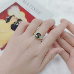 Gem's Beauty Green Moss Agate Jewelry Natural Moss Agate Engagement Gold Rings in 925 Sterling Silver for Women Wedding Moss Agate Ring Anniversary Jewelry Gift for Her (Size7)