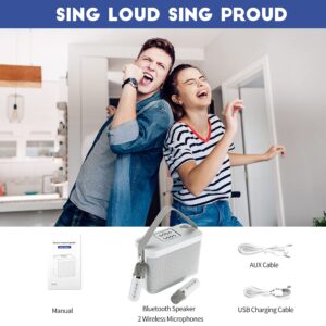 Portable Karaoke Singing Machine with 2 Wireless Microphone, Bluetooth Speaker with HD Sound PA System Support Echo and Vocal Cut,USB,TF, AUX for Party, Meeting, Wedding,Picnic and Outdoor (White)