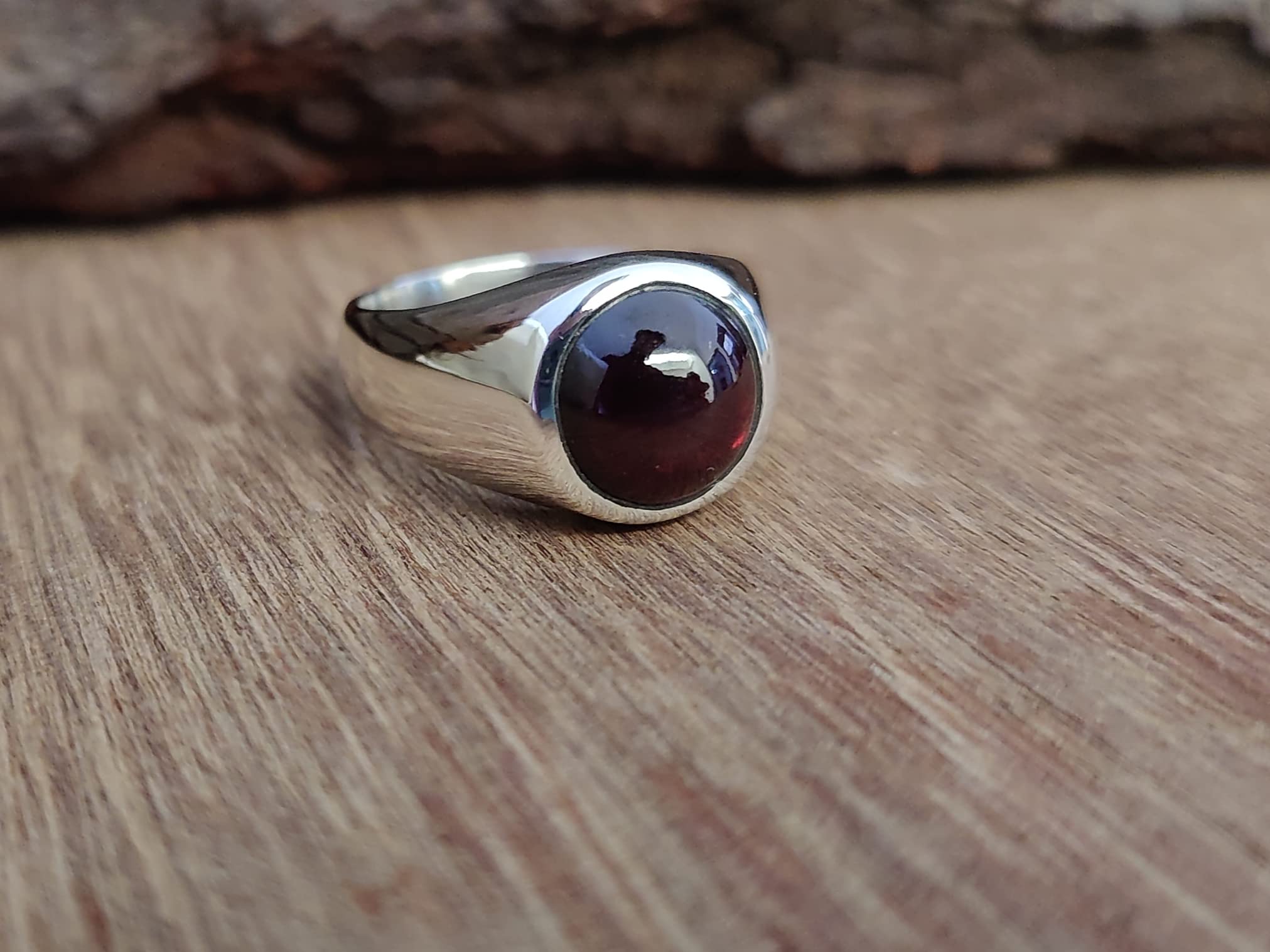 Mens Women Natural Garnet Ring, 10 MM Round Shape Gemstone, 925 Solid Sterling Silver Ring, 22k Gold fill, Signet Ring, Bohemian Ring, Statement Ring, Gift Ring (925 Solid Silver, 8)