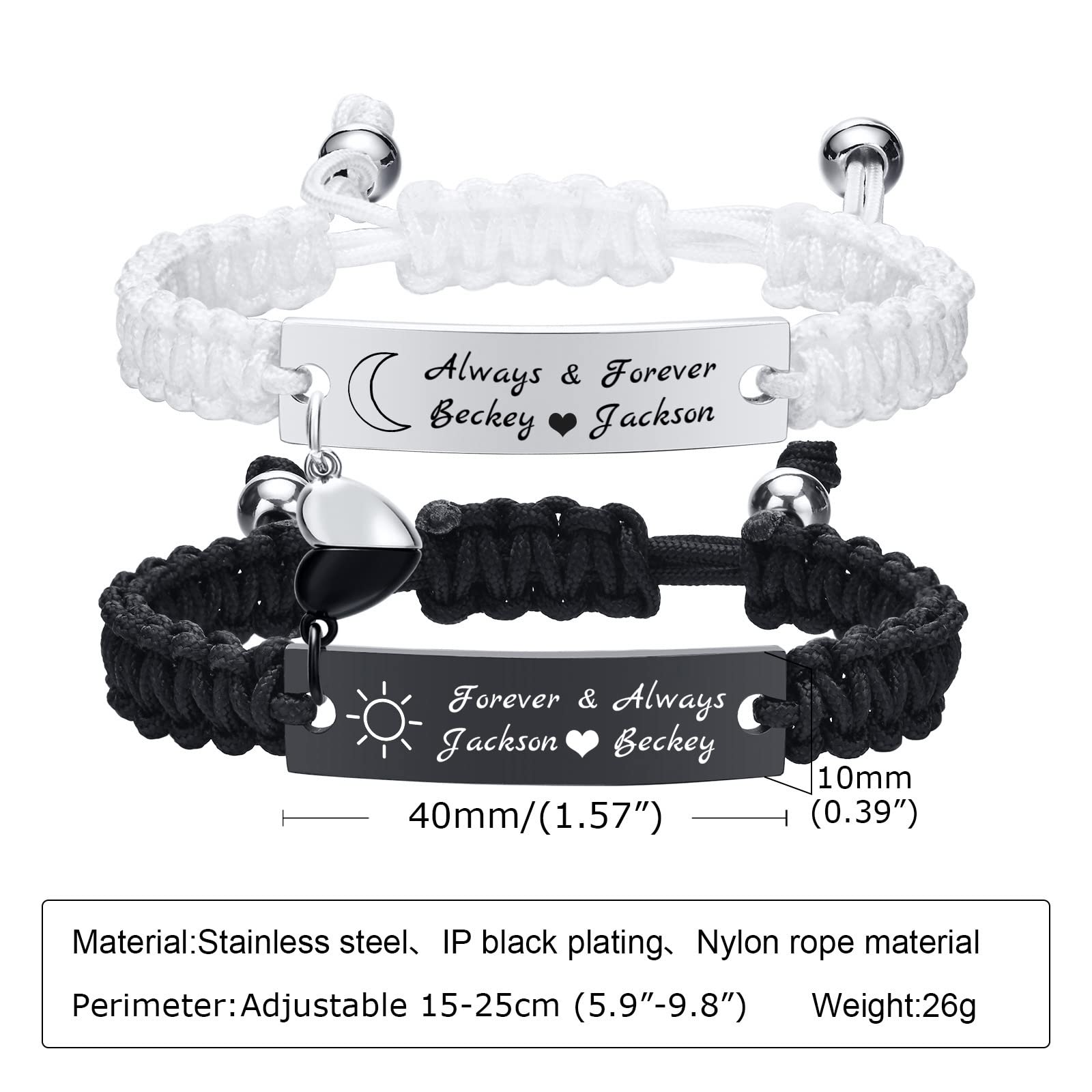 MEALGUET Personalized His and Hers Bracelets : Sun and Moon Forever and Always Couple Bracelets, Handmade Braided Engraved ID Lovers Bracelets for Men Women, Boyfriend and Girlfriend,Customized Gift