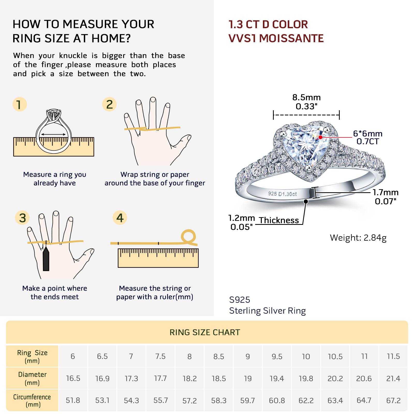 DAYBYDAY Moissanite Heart Wedding Ring Non Tarnish 925 Sterling Silver Simulated Diamond Engagement Rings 1ct Heart Shaped Promise Rings for Her Size 9 Moissanite Jewelry